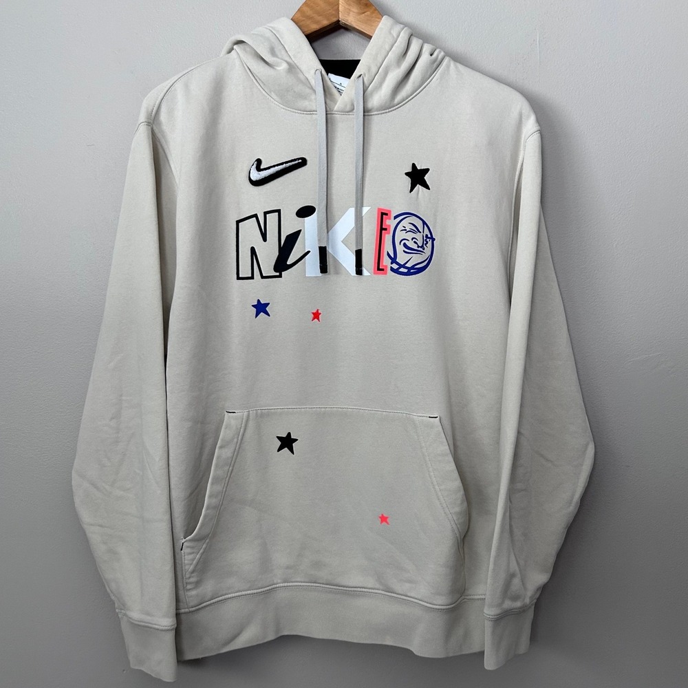 Nike Hoodie Mens L Cream Basketball Graphic Stars Pullover Sweatshirt Streetwear